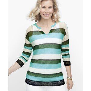 NWOT Talbots Women’s XS Split Neck Mesh Stripe Sweater Open Knit Linen Blend